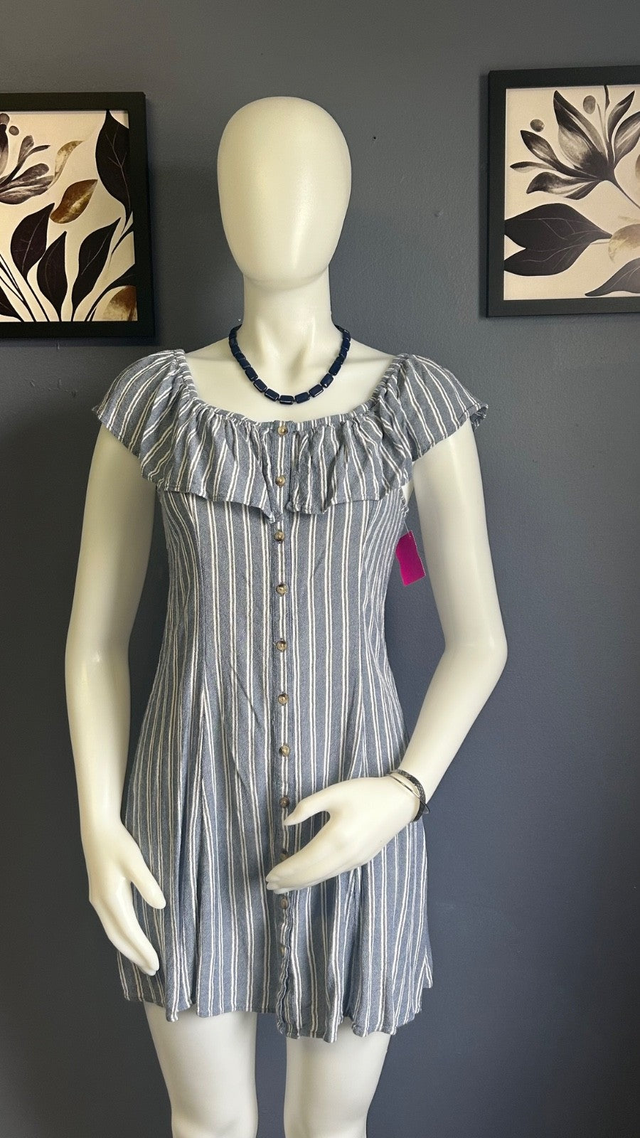 American Eagle Striped Off The Shoulder Dress Button Front Ruffle Size Medium