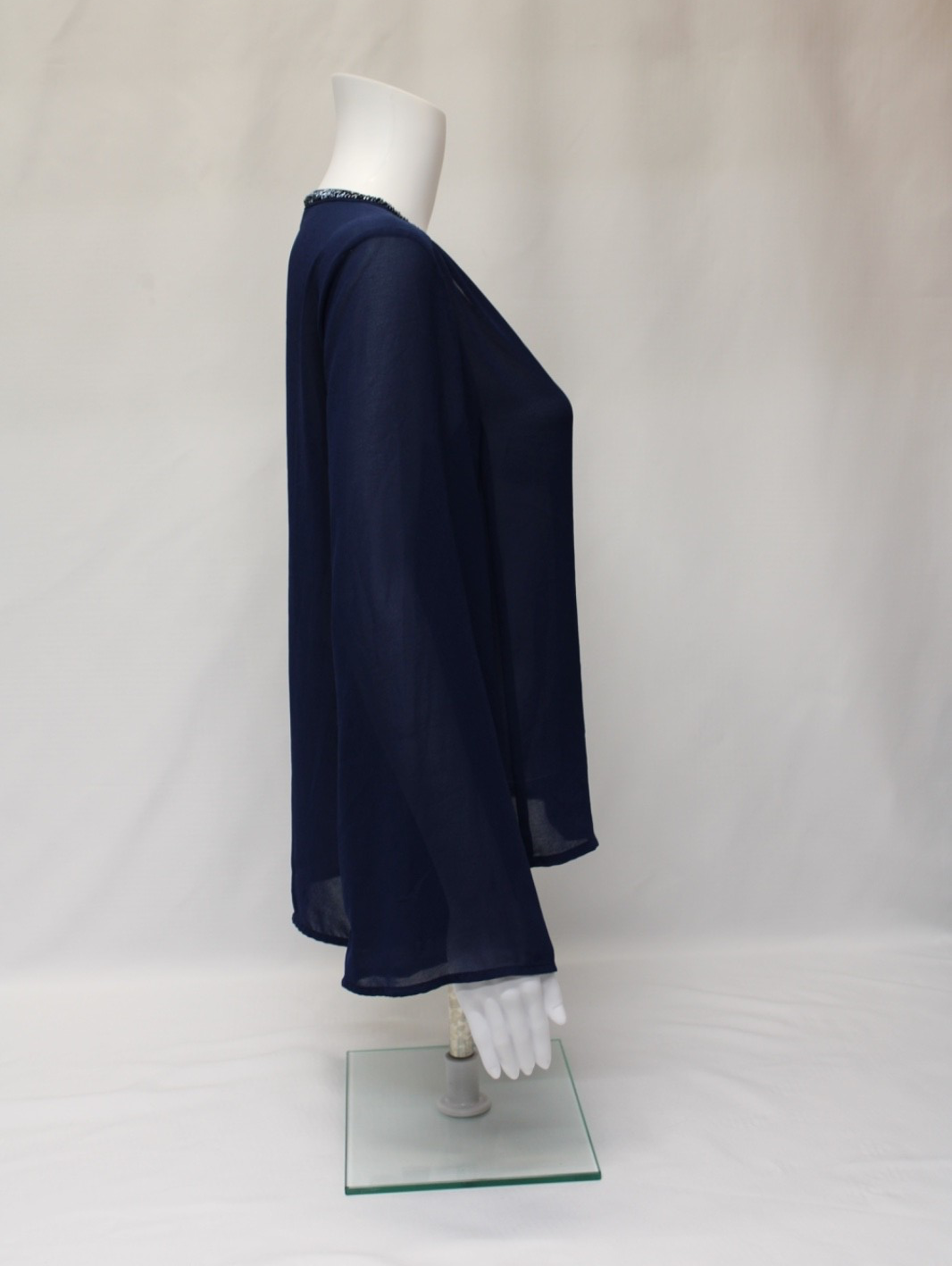 ALYA Long Sleeve Sheer Sequin Trim Flare Sleeve High-Low Top Sz Small Blue