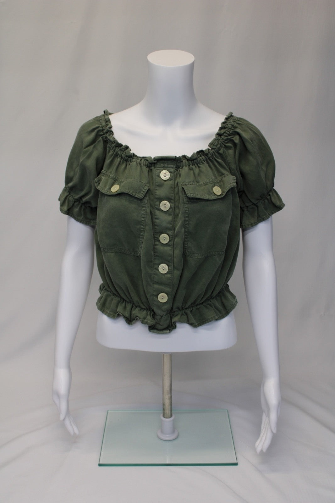 American Eagle Cropped Scrunch Trim Blouse Top Green Women's Sz Small / Petite
