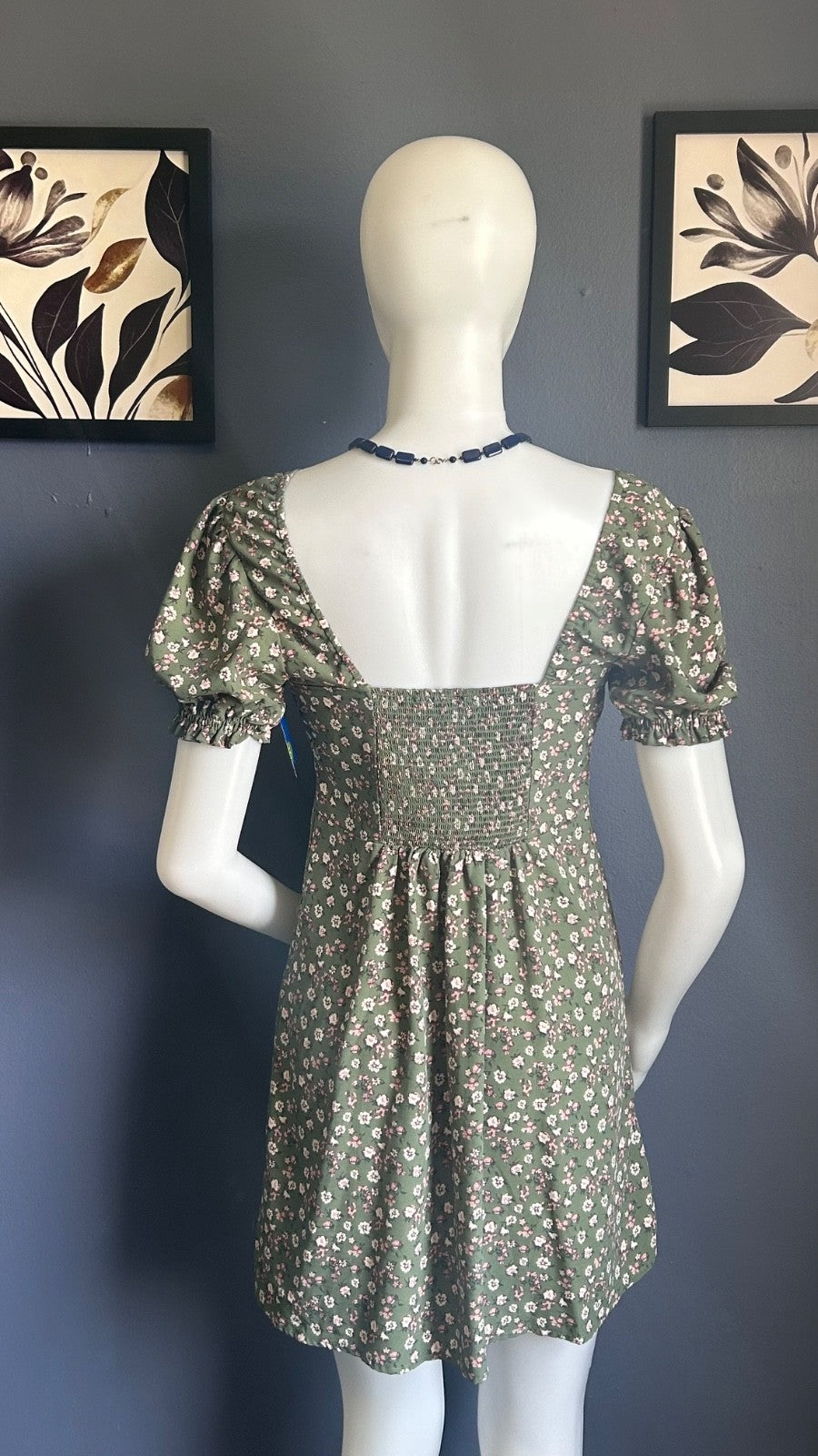 Alter'd State Floral Print Puff Sleeve Mini Dress Green/White/Pink Small