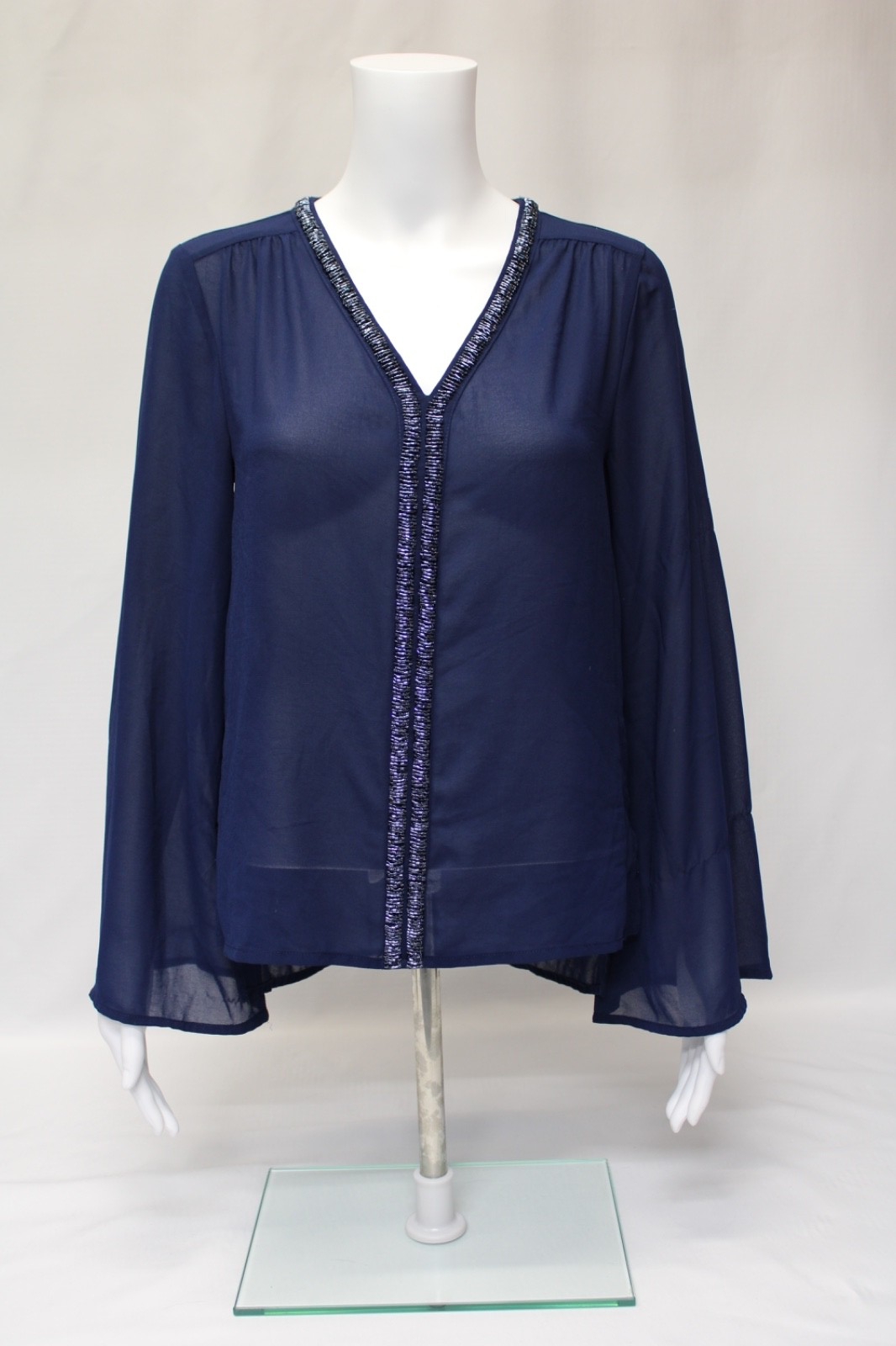 ALYA Long Sleeve Sheer Sequin Trim Flare Sleeve High-Low Top Sz Small Blue