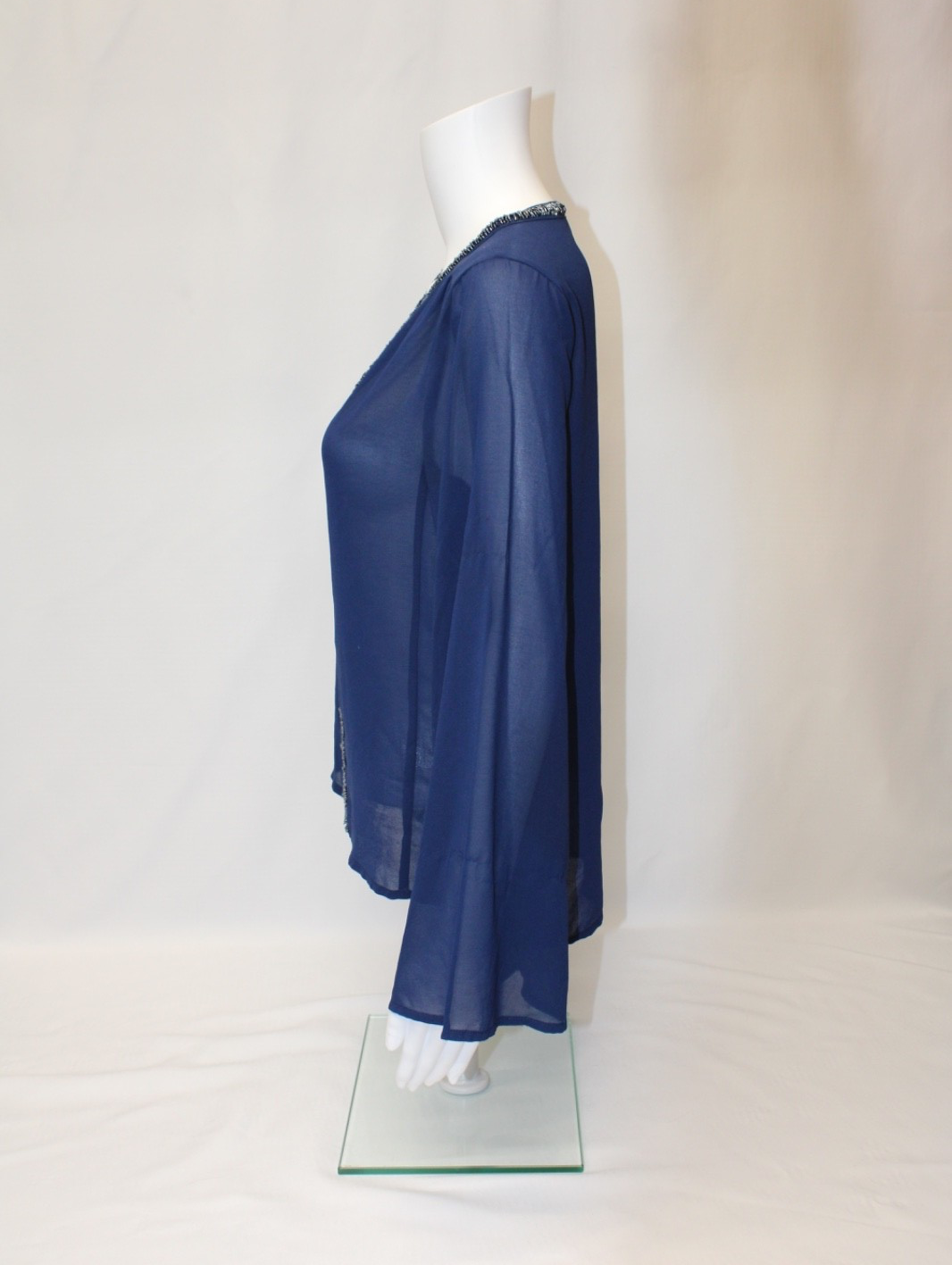 ALYA Long Sleeve Sheer Sequin Trim Flare Sleeve High-Low Top Sz Small Blue