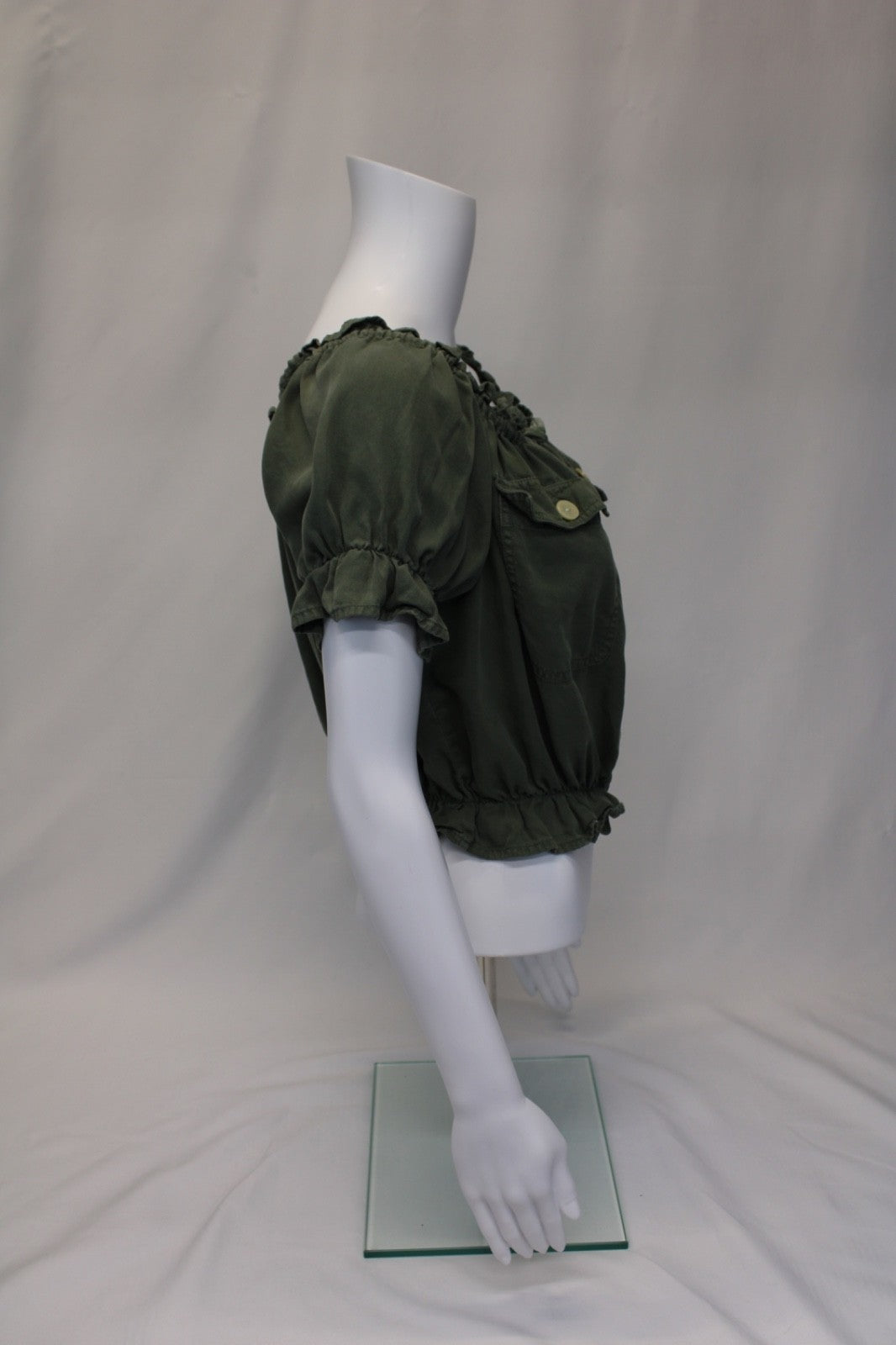 American Eagle Cropped Scrunch Trim Blouse Top Green Women's Sz Small / Petite