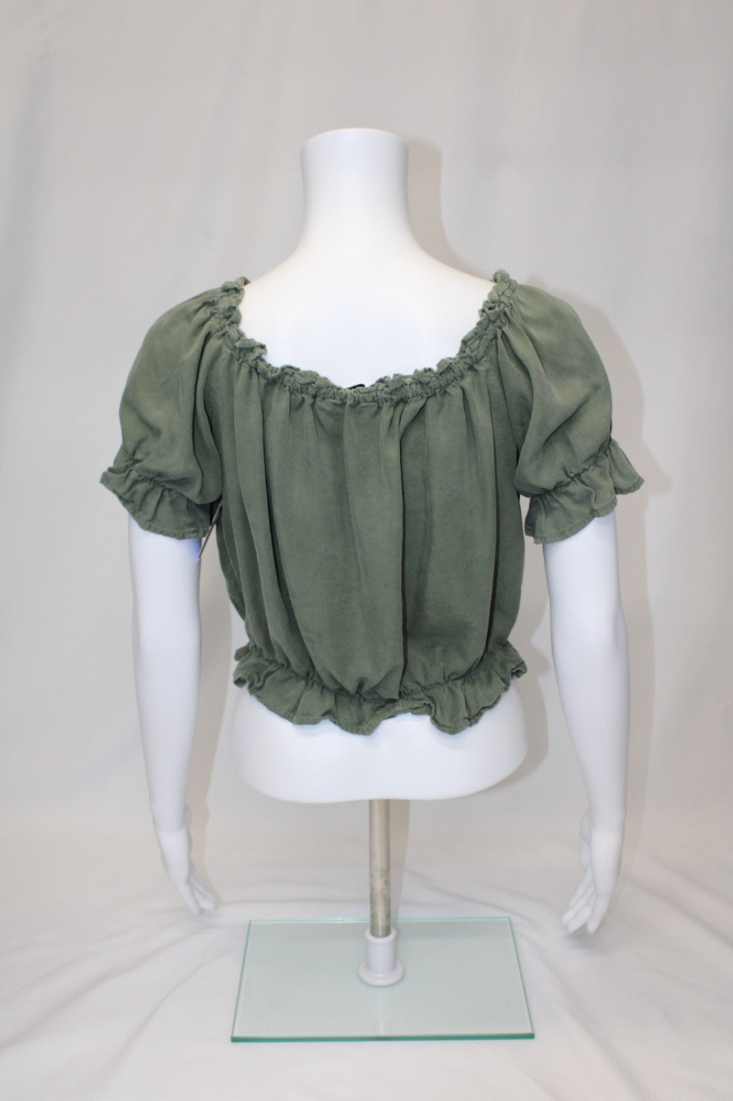 American Eagle Cropped Scrunch Trim Blouse Top Green Women's Sz Small / Petite