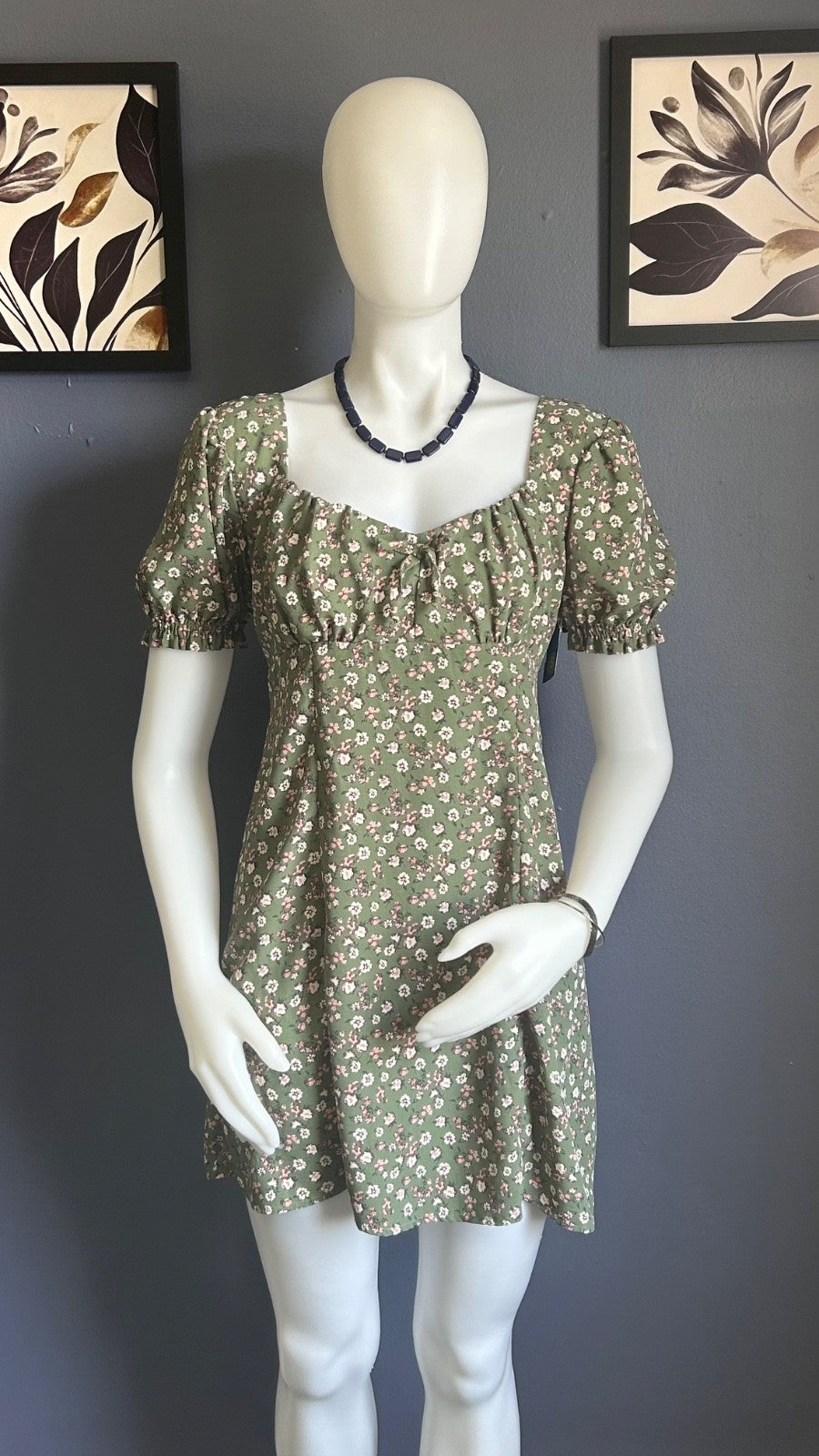 Alter'd State Floral Print Puff Sleeve Mini Dress Green/White/Pink Small