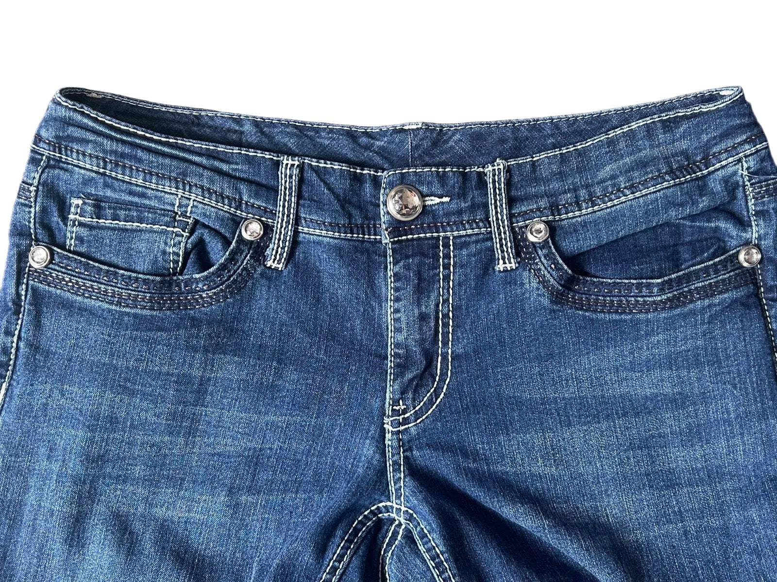 7Seven Straight Denim Jeans Sequenced Pocket Gemstone Dark Wash 10