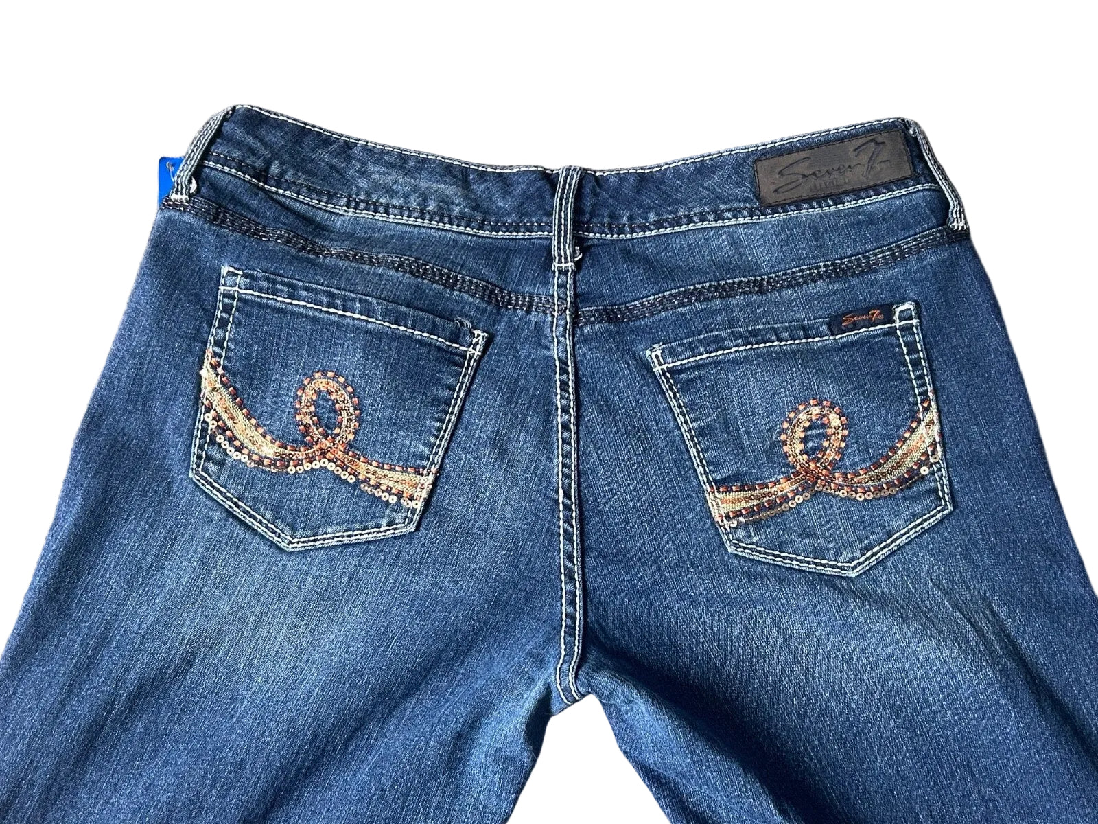 7Seven Straight Denim Jeans Sequenced Pocket Gemstone Dark Wash 10