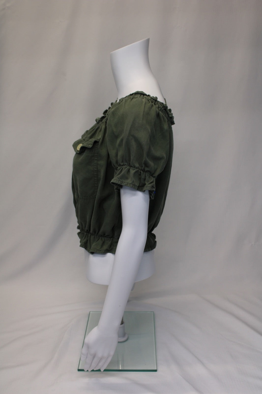 American Eagle Cropped Scrunch Trim Blouse Top Green Women's Sz Small / Petite